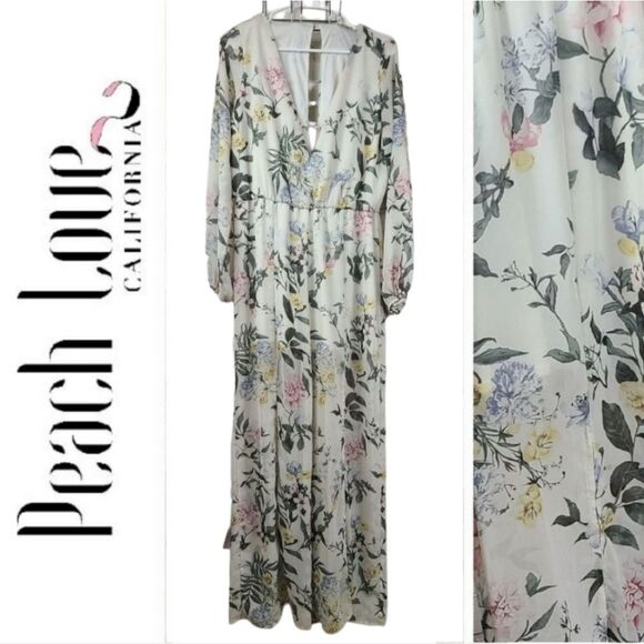 Peach Love California Jumpsuit Beige Floral Flowy Jumper Romper Bohemian Summer - Picture 1 of 13
